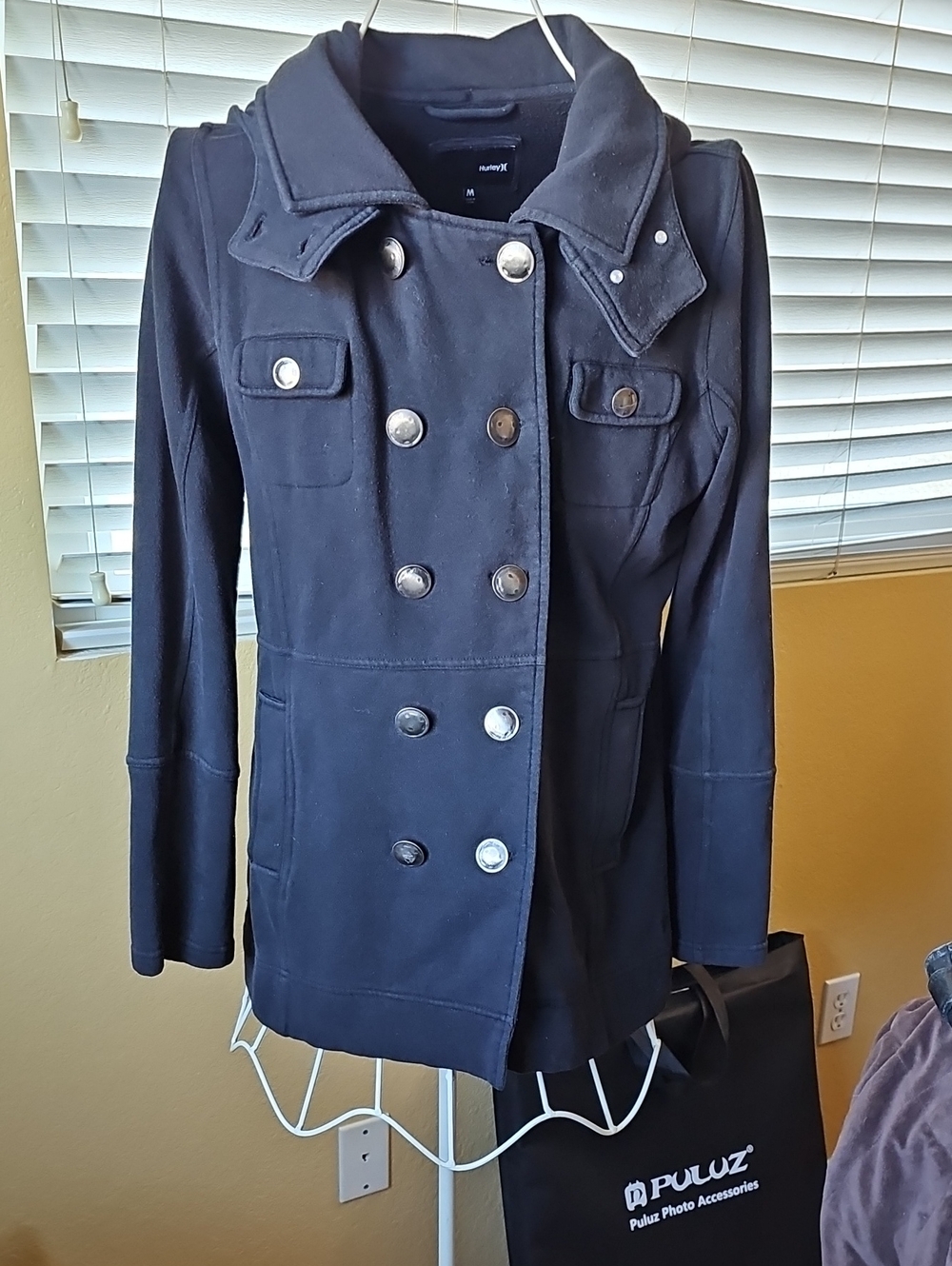 Hurley Black Double-Breasted Peacoat with Metal Buttons